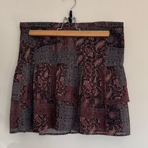 Tiered Paisley Mini Skirt in Burgundy